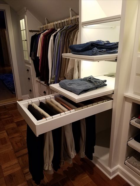 Custom Walk-in Closet, slanted ceilings...full extension pull-out pants rack. Organizar Closet, Dressing Design, Attic Closet, Pants Rack, Closet Design Layout, Dream Closet Design, Walk In Closet Design, Luxury Closets Design, Open Closet