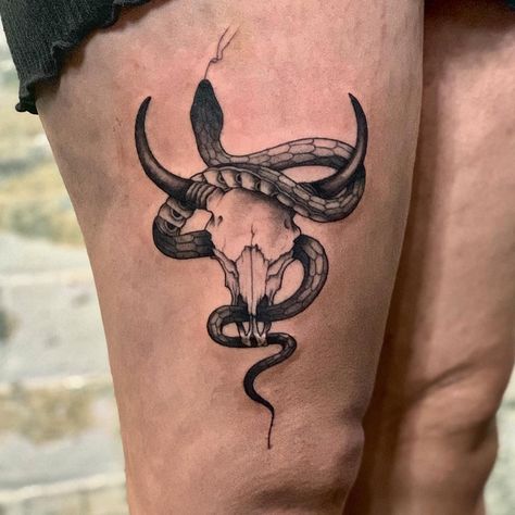 Bull Men Tattoo, Native Bull Skull Tattoo, Taurus Snake Tattoo, Bull And Snake Tattoo, Bull Skull And Snake Tattoo, Desert Snake Tattoo, Snake And Cactus Tattoo, Bull Skull Back Tattoo, Bulls Head Tattoo