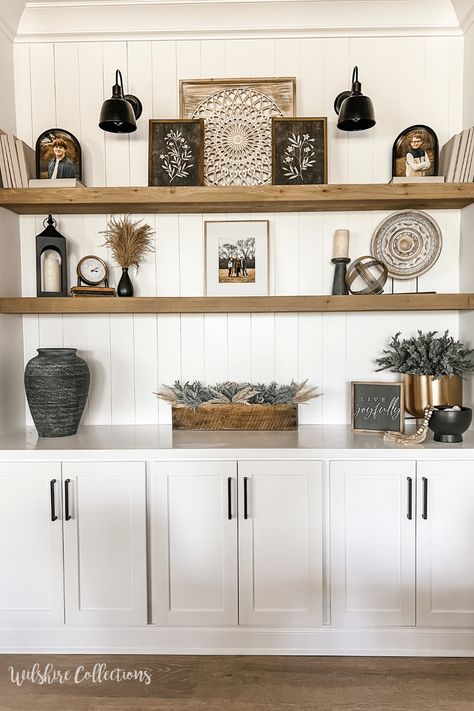 Home Shelf Ideas, Decorating Long Shelves In Living Room, Shelf Filler Ideas, Farmhouse Bookshelf Decor Living Room, Long Shelf Styling Living Rooms, Farmhouse Shelving Decor, Living Room Shelf Decor Ideas Built Ins, Decorating A Floating Shelf, Large Shelf Decorating Ideas