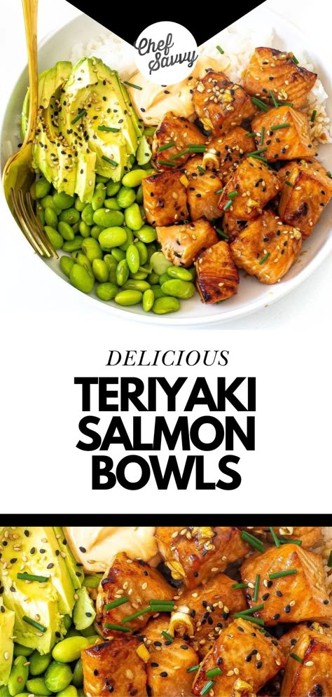 Save this Easy Healthy Teriyaki Salmon Bowls Recipe. Teriyaki Salmon Bowls combine savory sweet salmon bites with fluffy rice and vibrant vegetables to create a well-balanced and wholesome meal! Served with a delicious spicy mayo sauce! Have these delicious bowls ready in under 30 minutes for an easy weeknight meal! Follow Chef Savvy for more Under 30 Minute Easy Meals! Healthy Salmon Lunch Meal Prep, Simple Salmon Bowl, 30 Minute Salmon Bowl, Salmon Bite Bowl, Easy Salmon And Rice Recipes, Macro Friendly Salmon Recipes, Teriyaki Salmon Bowl Recipe, Cooked Salmon Bowl, Salmon With Quinoa Recipe