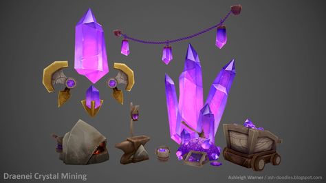 ArtStation - Draenei Crystal Mining, Ashleigh Warner Crystal Mining, Game Art Environment, Warlords Of Draenor, Game Textures, Caracter Design, Exterior Decoration, Hand Painted Textures, Props Art, Fantasy Props