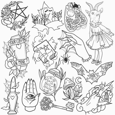 Patchwork Tattoo Ideas Witchy, Line Work Tattoo Flash Sheet, Halloween Tattoos Flash, Witch Craft Tattoo, Tattoo Ideas Witchy, Witchy Tattoos Simple, Witch Flash Tattoo, Witch Tattoo Flash, Gothic Line Art