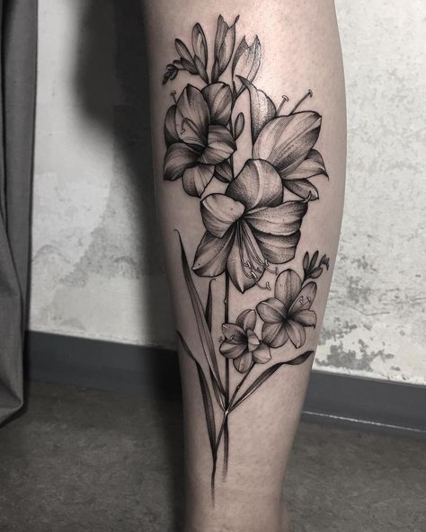 Amaryllis Tattoo, Amaryllis Flower, Dotwork Tattoo, Amaryllis Flowers, S Tattoo, Nov 6, Tiny Tattoos, Black Tattoos, Blackwork