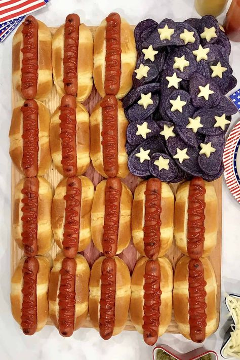 Hot Dog Flag Board by The BakerMama Food 4th Of July, 4th July Food, Patriotic Food, 4th Of July Desserts, Fourth Of July Food, 4th Of July Celebration, 4th Of July Party, July Party, Charcuterie Boards