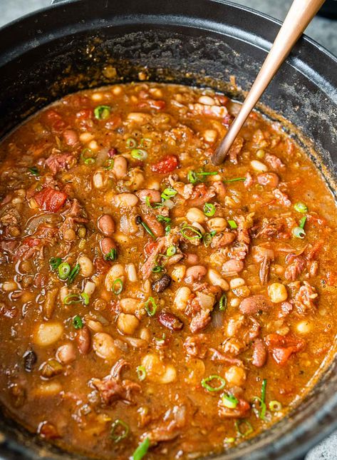 Easy 15 Bean Soup recipe for the perfect cozy pot of soup in the winter! Made with dry bean mix, tomatoes, warm spices and a meaty ham bone. Mixed Dried Beans Recipes, Dry Bean Soup Recipes, Dried Bean Soup Recipes, 15 Bean Soup Recipe Stove Top, 12 Bean Soup, Ground Meat Soup, Dried Bean Soup, 13 Bean Soup Recipe, Bean Meals