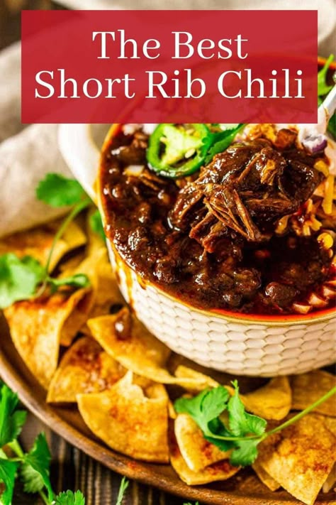 This the absolute best short rib chili you'll ever try! Made with a dried chile paste for a deeper flavor, every spoonful of this chili recipe is loaded with shredded short ribs and hearty black beans with the perfect spice kick. Everyone will devour this short rib chili! Short Ribs Chili Recipe, Short Rib Chili, Chili Recipe Crockpot, Rib Meat, Chili Recipe Easy, Chili Cook Off, Gathering With Friends, Short Rib, Beef Short Ribs