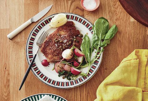 Crispy pork schnitzel sizzles | Honolulu Star-Advertiser Buttered Radishes, Crispy Pork Chops, Nytimes Cooking, Radishes Recipe, Pork Milanese, Meat Entrees, Alison Roman, Braised Chicken Thighs, Easy Pork Chops