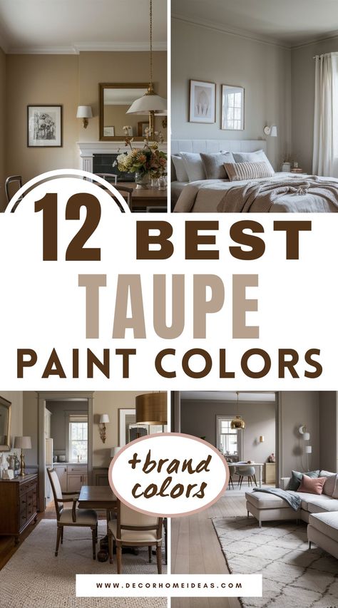 Discover 12 chic taupe paint colors that bring warmth, sophistication, and versatility to any space. From subtle greys to warm beige tones, these shades suit both modern and traditional decor styles. Find the perfect taupe hue to enhance your room’s ambiance and style effortlessly! Best Taupe Wall Color, Modern Country Paint Colors, Behr Chic Gray Color Palette, Taupe Wall Paint Colors, Rich Taupe Paint Color, Neutral Paint For Living Room, Taupe Colored Paint, Taupe And Blue Paint Colors, Tan Wall Paint Colors