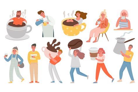 Coffee people. Men and women with hot morning drinks, sit in giant cup and hold cezve. Characters on coffee break at cafe or home vector set. Man with espresso, breakfast cup of coffee illustration Hot Morning Drinks, Cup Of Coffee Illustration, People Drinking Coffee, Home Vector, Dessert Illustration, Morning Drinks, Coffee Illustration, Breakfast Cups, House Vector