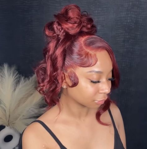 Red Frontal Updo, Burgundy Wig Updo, Burgundy Frontal Ponytail, Red Updo Wig, Lace Frontal Updo Hairstyles, Burgundy Updo Black Women, Red Frontal Ponytail, Red Updo Hairstyles For Black Women, Bhaddie Hairstyle