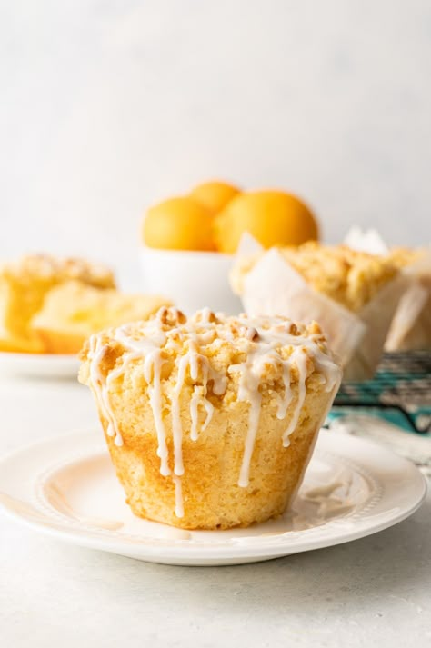 Jumbo Bakery Style Meyer Lemon Crumb Muffins with Meyer Lemon Curd Lemon Crumb Muffins, Jumbo Muffin Recipes, Meyer Lemon Curd, Icing Drizzle, Lemon Muffin Recipes, Meyer Lemon Recipes, Do You Know The Muffin Man, Crumb Muffins, Curd Filling