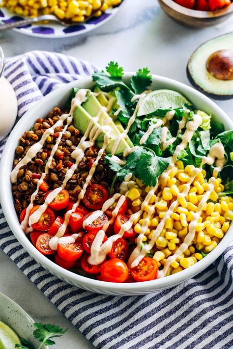 Easy Lentil Taco Salads - Making Thyme for Health Seasoned Lentils, Salsa Dressing, Lentil Tacos, Taco Salads, Romaine Salad, Lentil Salad, Gluten Free Grains, Taco Meat, Taco Salad