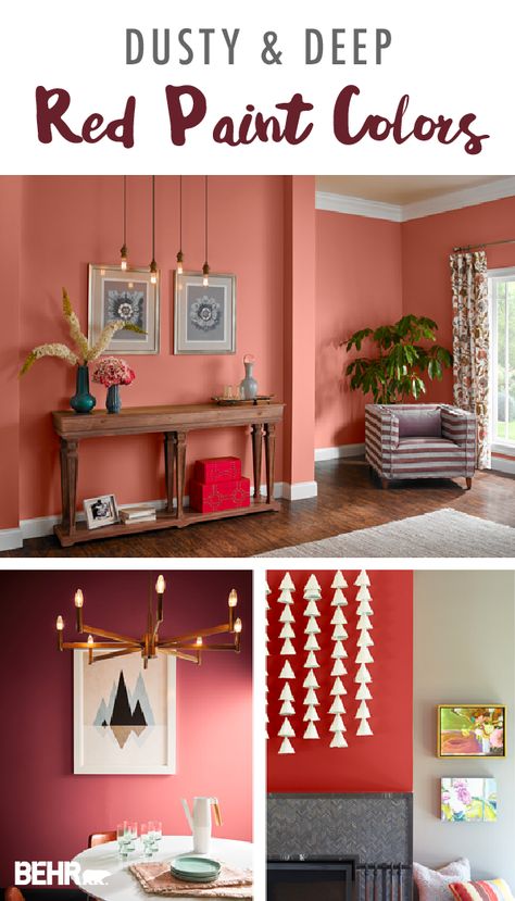 This fall, warm up your living space with a new coat of Behr Paint. These dusty and deep shades of red are the perfect choice. From your front entryway to your bedroom and everywhere in between, these modern paint colors are sure to please. Click below to discover more color palette inspiration. Behr Vermillion Paint Color, Red Living Room Walls, Red Wall Paint, Red Accent Wall, Red Paint Colors, Wallpaper Minimal, Color Of The Month, Behr Paint Colors, Accent Wall Paint