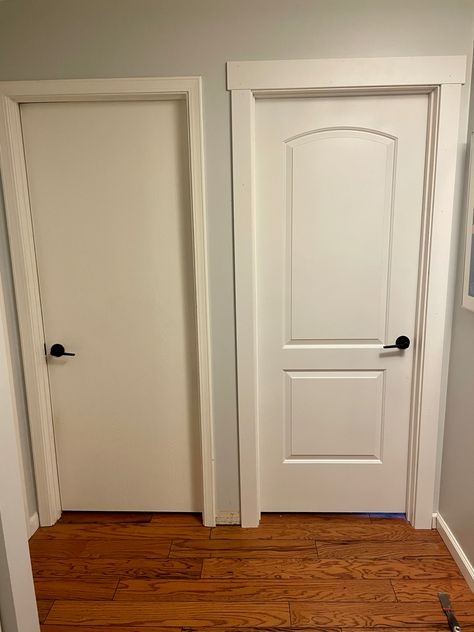 Panel door and craftsman trim Gray Moldings And Trim, 6 Panel Door With Black Hardware, Bedroom Door Trim Ideas, Interior Home Trim Ideas, Wide Trim Around Doors, Simple Door Trim Ideas Interior, Square Door Trim, Non White Trim Interior, Door Panelling Design