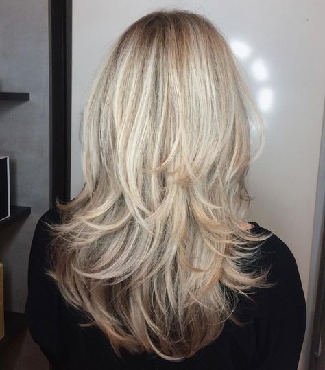 Blonde Textured Cut with Angled Layers Boho Chic Long Hairstyles, Layered Medium Haircuts For Fine Hair, Grown In Blonde, Curve Cut Hairstyle, Waterfall Layers Haircut Long Hair, Side Bangstyle Hair Long Layers, Long Textured Layers, Long Haircuts For Fine Hair, Trendy Layered Hairstyles