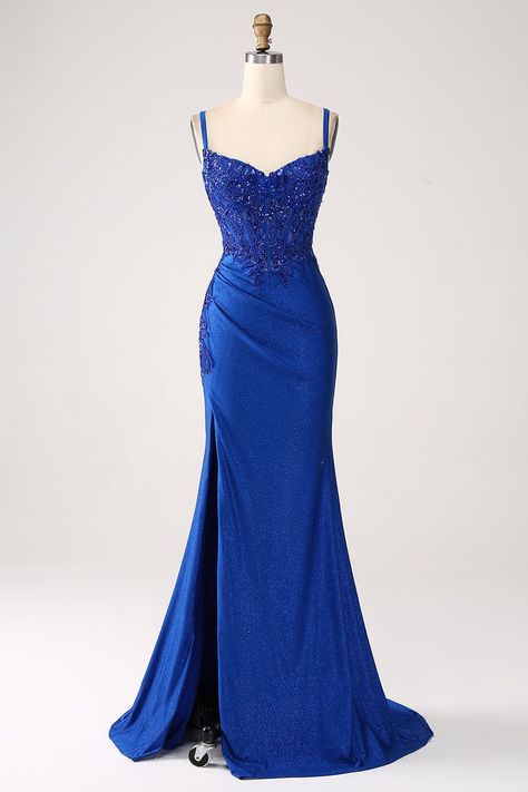 Dark Blue Glitter Prom Dress, Royal Blue And Gold Prom Dress, Royal Blue Prom Dress With Date, Brunette Prom Dress, Royal Blue Homecoming Dress Couple, Prom Dress Inspiration Blue, Prom Royal Blue Dress, Royal Blue Dress Prom, Electric Blue Prom Dress