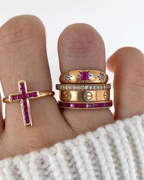 ANGOLDI on Instagram: "#ringstack ✨♥️ So the antique ruby celestial ring sold in a flash, but I just had to share this beautiful stack! None of these are available but I always have my eyes peeled am sourcing golden treasures! Please turn your story notifications on as I do countdowns before each drop so everyone can be there and not miss out (+ post notifications are always helpful)! ♥️🙏" Ruby Ring Stack, Golden Treasure, Celestial Ring, Ring Stack, Ruby Ring, My Eyes, Stacking Rings, Your Story, Diamond Earrings