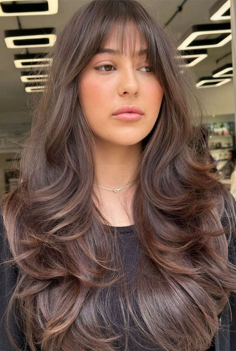 Long Brown Hair With Layers And Bangs, Chunky Front Layers, Layered Haircuts For Long Hair Bangs, Layers Wispy Bangs, Long Layered Hair With Bangs Straight, Vintage Haircut For Long Hair, Long Layers With Light Bangs, Extra Layered Hair, Long Layered With Bangs