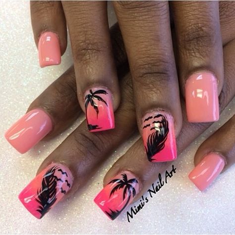 Pink gradient nails with feathers and palm trees Powder Dipped Nails Designs, Dipped Nails Designs, Pink Gradient Nails, Powder Dipped Nails, Mirror Nails Powder, Hawaii Nails, Champagne Nails, Ocean Nails, Apply Nail Polish