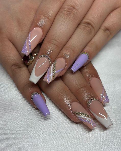 Purple and Gold Set 💜⚜️ • • • Apres Natural Coffin Medium • IGel (I’m Blushing) • • #nails #nailsnailsnails #nailsofinstagram #nailsart #nailsbyavryl #gelx #gelxnails #gelxnailtech #explorepage #coffinnails #glitternails Gold And Lilac Nails, Lilac And Gold Nails, Blushing Nails, Purple Gold Nails, Grad Nails, Graduation Look, Gold Acrylic Nails, Lilac Nails, Nails Purple