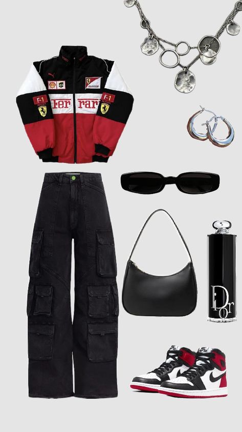 #f1 ootd#ferrari girlll F1 Shirt Outfit, F1 Fashion Women, Racer Outfit Women, Ferrari Outfit Women, Formula 1 Outfit Women, F1 Outfit For Women, Ferrari Jacket Outfit, Ferrari Outfit, Changing Your Style