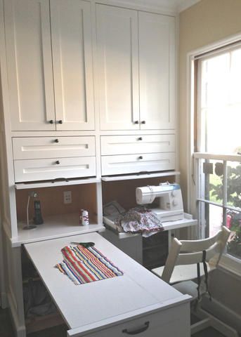 Built In Sewing Machine Table, Craft Built Ins, Built In Sewing Center, Sewing Table In Bedroom, Craft Room Built In Storage, Pull Out Sewing Table, Pull Out Craft Table, Murphy Craft Table Storage, Sewing Room Built Ins