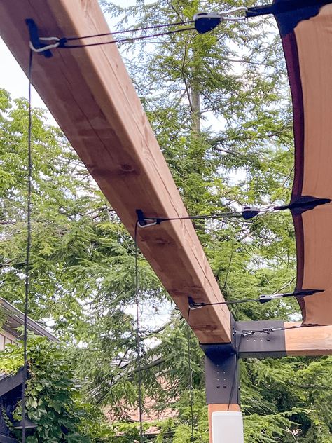 Diy Shade Pergola, Canvas Pergola Cover, Shaded Porch Ideas, Canopy Deck Ideas, Pergola Shade Sail, Diy Porch Pergola, Pergola Covers Waterproof, Waterproof Pergola Ideas, Inexpensive Pergola Ideas