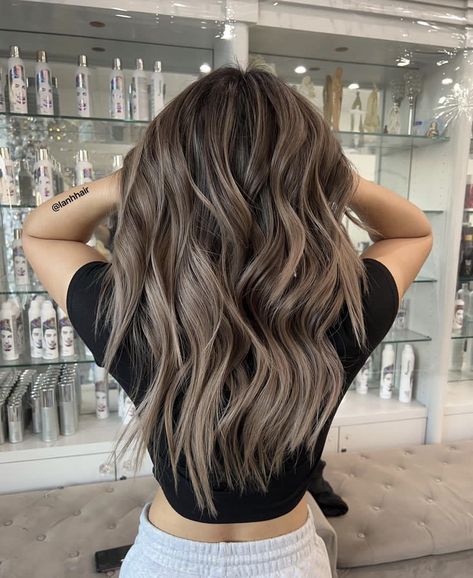 Light Brown Hair Swatches, Brown Grown Out Roots, Ashy Dimensional Brunette, Brown Hair Ash Highlights, Light Ash Brown Hair Balayage, Mushroom Brown Hair Color Balayage, Mushroom Balayage Brunette, Root Melt Brunette To Blonde, Dimensional Brown