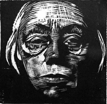 Self-Portrait by Kathe Kollwitz, woodcut, 1923. Kollwitz was always so brave with her line, unhesitating and bold. I quite admire that! Rick Amor, Kathe Kollwitz, Woodcut Printing, Relief Printmaking, Scratch Art, Linocut Art, Woodcuts Prints, Relief Print, A Level Art