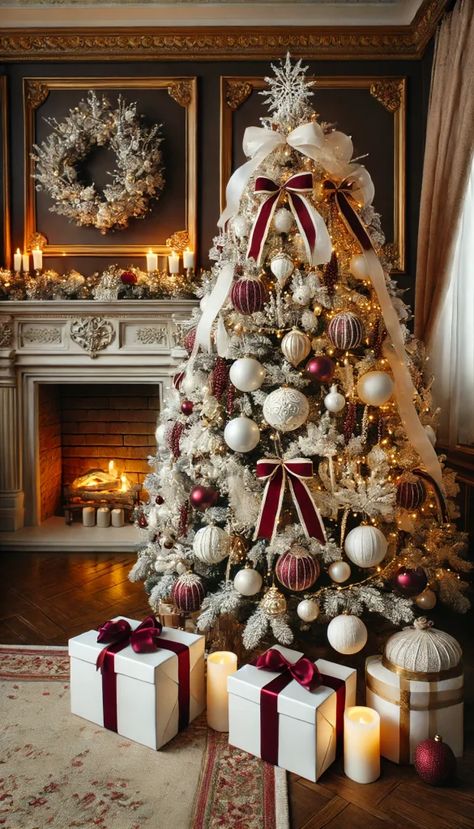 Natal, Burgundy Theme Christmas Tree, Elegant Traditional Christmas Tree, White Gold Burgundy Christmas Tree, White And Burgundy Christmas Tree, Christmas Tree With Snow Decoration, Burgundy And Champagne Christmas Tree, Luxurious Christmas Decor, Red White And Gold Christmas Decor