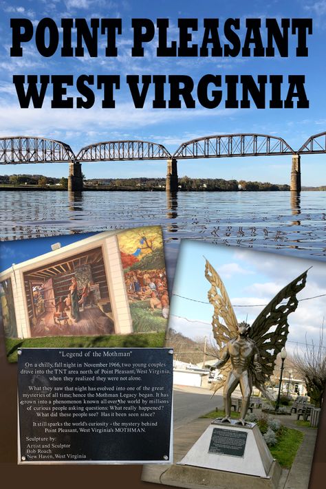 Do you remember the movie The Mothman Prophecies with Richard Gere? Then you've got to visit Point Pleasant, West Virginia. You'll get your picture taken with the Mothman statue (scared our dog a bit), visit the Mothman Museum and there's a lovely park by the river. You can also visit the site where the Silver Bridge collapsed over the Ohio River. Mothman Museum, The Mothman Prophecies, Gallipolis Ohio, Point Pleasant West Virginia, The Mothman, West Virginia Travel, Ohio Travel, Virginia Travel, Scenic Roads