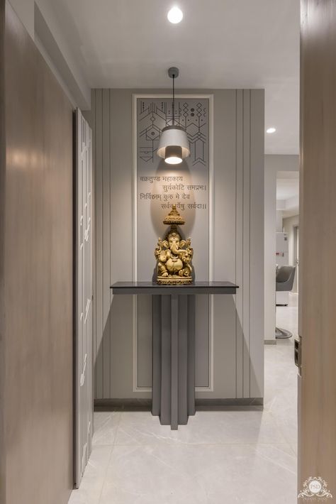 Interior Design Temple, Home Lobby Interior Design, Home Interior Design For 2bhk, Luxury Entrance Door Design Modern Home, Foyer Design Modern Entrance Apartment, Mandir In Office, Entrance Wall Design Interior, Modern Entrance Foyer Design Luxury, Entry Lobby Design Entrance