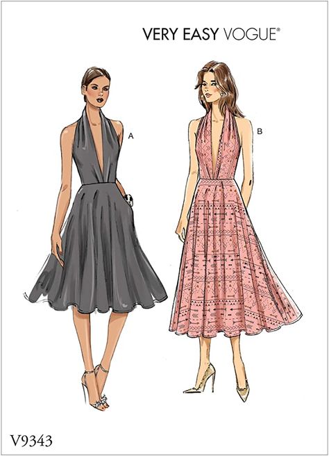 Halter Style Dress, Deep V Neck Dress, Vogue Dress, Vogue Sewing Patterns, Vogue Pattern, Miss Dress, Vogue Patterns, Pleated Bodice, Bias Tape