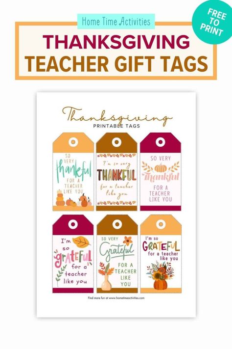 Free printable Thanksgiving teacher gift tags. These printable tags can add a special touch to any gift you plan to give your teachers this year. You can attach these tags to homemade gifts, homemade cookies, store-bought gifts, or pretty much anything. Get the printable Thanksgiving teacher tags at www.hometimeactivities.com. Fun Fall Activities For Kids, Cookies Store, Thanksgiving Teacher Gifts, Free Printable Thanksgiving, Halloween Teacher Gifts, Thanksgiving Gift Tags, Fall Activities For Kids, Free Printable Crafts, Teacher Gift Tags