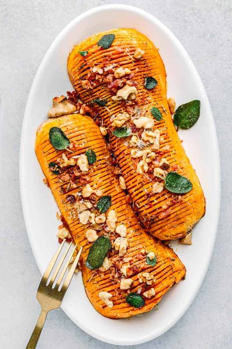 Brown Butter Squash, Hasselback Butternut Squash, Butter Squash, Butternut Squash Bacon, Butternut Squash Sage, Sage Brown Butter, Brown Butter Sage, Honeynut Squash, Sage And Rosemary