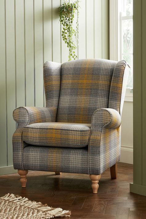 Country Cottage Living Room, Plaid Chair, Chair Making, Classic Armchair, Ochre Yellow, Cottage Living Rooms, Country Living Room, Arm Chairs Living Room, Fabric Armchairs