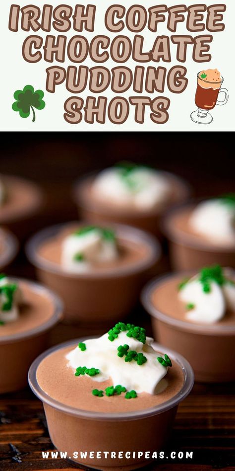 These Irish Coffee Pudding Shots have chocolate pudding, chocolate milk, Cool Whip, powdered coffee, whiskey, and Bailey’s Irish Cream. #stpatricksday #stpaddysday #stpatricksdayrecipes #puddingshots #irishcoffee For more recipes follow me here on Pinterest. Coffee Pudding Shots, Irish Whiskey Desserts, Whiskey Desserts, Chocolate Pudding Shots, Coffee Pudding, Irish Chocolate, Baileys Coffee, Chocolate Baileys, Dessert Shots