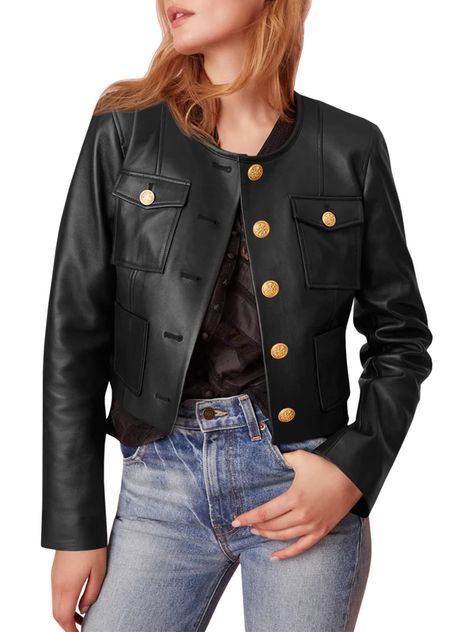 PRICES MAY VARY. Durability: Womens faux leather jackets is made from high quality faux leather, this long sleeve jacket ensures durability and a luxurious feel. It is both tough and flexible, making it a perfect choice for everyday wear. Features: This long sleeve short jacket features from the gold button closure to the chest pockets design, straight fit for a flattering silhouette,cropped that will make you look cool and gentle at the same time. Match: Motorcycle pu coat is suit for spring an Jackets Cropped, Pockets Design, Bomber Jackets, Sleeve Jacket, Cropped Jacket, Long Sleeves Jacket, Down Coat, Short Jacket, Faux Leather Jackets