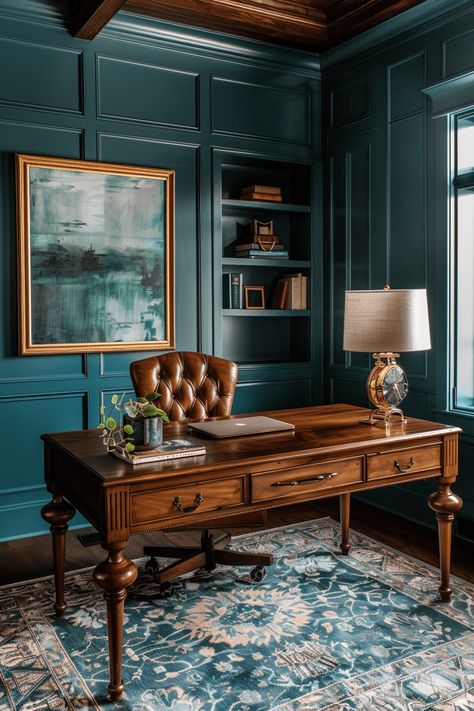 Teal Study Home Office, Home Office Classic Library Design, Classic Office Interior Design, Teal Study, Mens Office Desk, Dark Academia Office Aesthetic, Dark Teal Office, Dark Teal Interior, Vent Painting