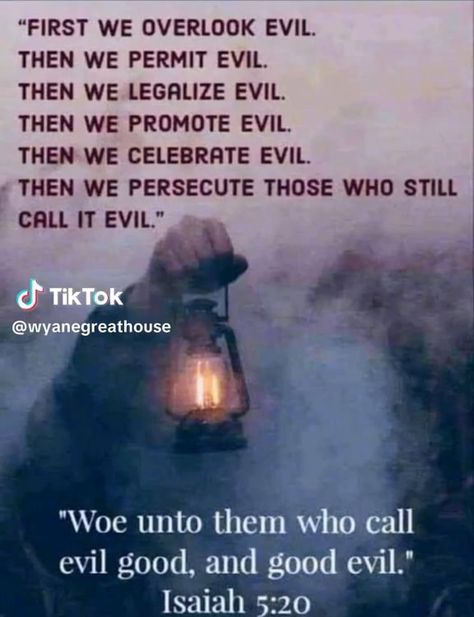 "FIRST WE OVERLOOK EVIL. THEN WE PERMIT EVIL. THEN WE LEGALIZE EVIL. THEN WE PROMOTE EVIL. THEN WE CELEBRATE EVIL. THEN WE PERSECUTE THOSE WHO STILL CALL IT EVIL." @wyanegreathouse "Woe unto them who call evil good, and good evil." Isaiah - America’s best pics and videos So Much Evil In The World Quotes, Dealing With Evil People Quotes, Good And Evil Quotes, Evil People Quotes, Evil Quotes, Wow Words, Christian Sayings, John Constantine, Evil World