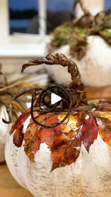 Erin Sowell on Instagram: "Whoops, I did it again…  and I love it and will keep doing it! Making cute pumpkins, that is! 🤭  Transforming paper mache pumpkins into whimsical works of art is such fun. Painting them with a little white chalk paint and adding moss, leaves and feathers creates the sweetest, one of a kind pumpkins for our home each fall.   I love being creative and thinking outside the box when coming up with diy decor and fall is my favorite season to do just that! Bringing the outdoors in and using beautiful fall leaves straight out of our yard is a fun and super inexpensive way to add all those amazing autumn colors to our home. Moss and feathers are also a few of my favorites to use for the season and I love adding them in wherever I can. As you can see, I even added more r Thanksgiving Paper Mache Crafts, Paper Mache Pumpkins Diy How To Make, Painted Paper Mache Pumpkins, Painting Paper Mache Pumpkins, How To Decoupage A Pumpkin, Decopauge On Pumpkins, Decorating Paper Mache Pumpkins, Handmade Pumpkins Diy, Repurposed Canvas Art Ideas