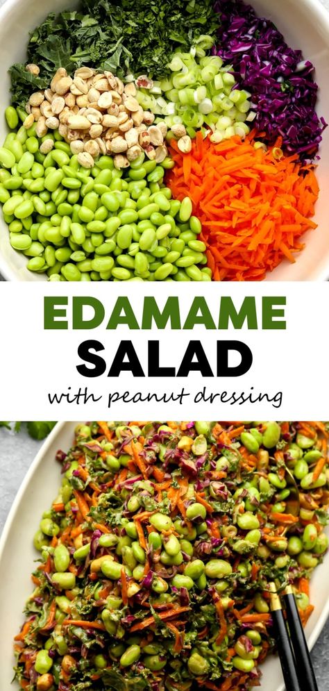 Edamame Salad with Peanut Sauce Kale Edamame Salad, Edamame Bean Salad, Vegetable Lunch Ideas For Work, Meal Prep Bean Salad, High Protein Vegetarian Salad, Raw Salads Recipes, Shelled Edamame Recipes, Edamame Salad Recipes, Vegetarian Meal Prep For The Week