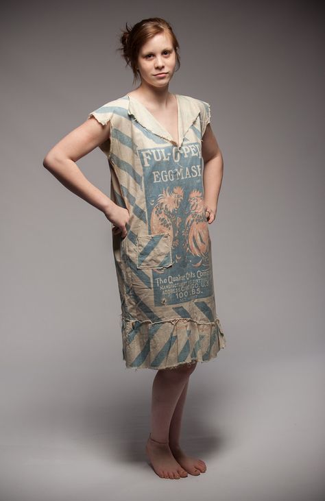 Literal sack dress, 1920s. Sarara Vintage, Shary Connella photograph. Burlap Sack Dress, Flour Sack Dress, Feed Sack Dress, Sack Dresses, Potato Sack, Bad Dresses, Sack Dress, Silver Cocktail Dress, Vestidos Retro