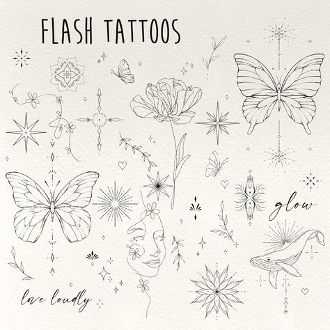 Spiritual Tattoo Flash Sheet, Dainty Tattoo Flash Sheet, Tattoo Ideas Female Ribcage, Small Tattoo Sheet, Dainty Earthy Tattoos, Tattoo Sheets Ideas, Fine Art Tattoo Ideas, Butterfly Flash Sheet, Sunchild Tattoo