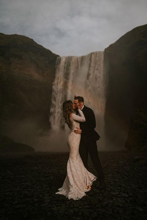 Iceland Engagement Pictures, Elope Iceland, Norway Elopement, Wedding Waterfall, Emotional Stories, Waterfall Dress, Iceland Elopement, Skogafoss Waterfall, Waterfall Wedding