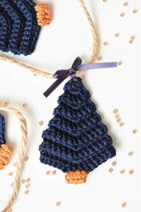 Crochet Christmas decor in navy | Christmas tree garland | lilleliis Navy Christmas Tree, Crochet Christmas Decor, Crochet Ornament Patterns, Crocheted Christmas, Navy Christmas, Crochet Tree, Crochet Xmas, Christmas Tree Decorations Diy, Crochet Christmas Decorations