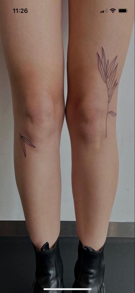 Minimal Tattoo 
Knee Tattoo Leg Tattoo Women Minimalist, Minimalist Knee Tattoos Women, Plants Around Knee Tattoo, Minimal Knee Tattoos Women, Beside The Knee Tattoo, Small Leg Tattoos Women Above Knee, Women Leg Tattoo Placement, Knee Outline Tattoo, Leg Tattoo Women Small