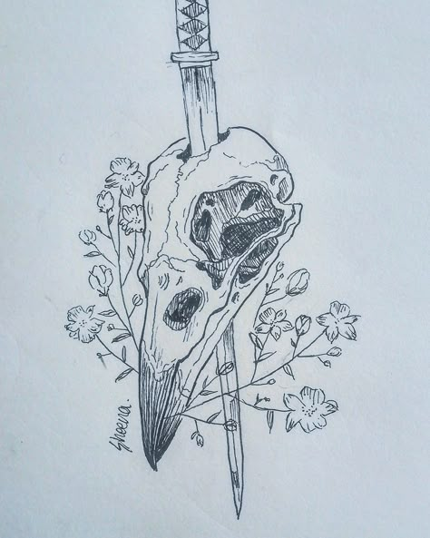 Raven Skull Drawing, Raven Skull Tattoo, Skull Tattoo Sketch, Skull Drawing Tattoo, Animal Skull Drawing, First Time Tattoos, Skull Collection, Occult Tattoo, Goth Tattoo