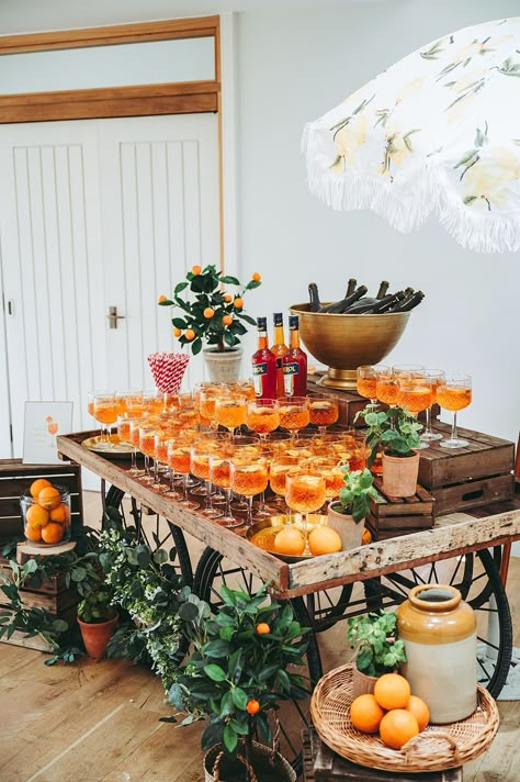 Italian Wedding Drink Station, Drinking Station Wedding, Drinks Wedding Station, Wedding Welcome Drink Station, Aperol Station Wedding, Wedding Green House, Drinks Station Wedding, Italian Wedding Drinks, Backyard Italian Wedding