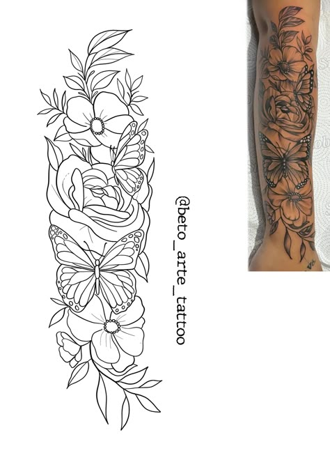 Butterfly Arm Tattoo Stencil, Flowers For Cover Up Tattoo, Sleeve Tattoos For Women Stencil, Medium Size Tattoos For Women, Western Tattoos For Women Sleeve, Tattoo Ideas Female Stencil, Fill In Tattoo Ideas Sleeve, Floral Butterfly Tattoo, Floral Half Sleeve Tattoo